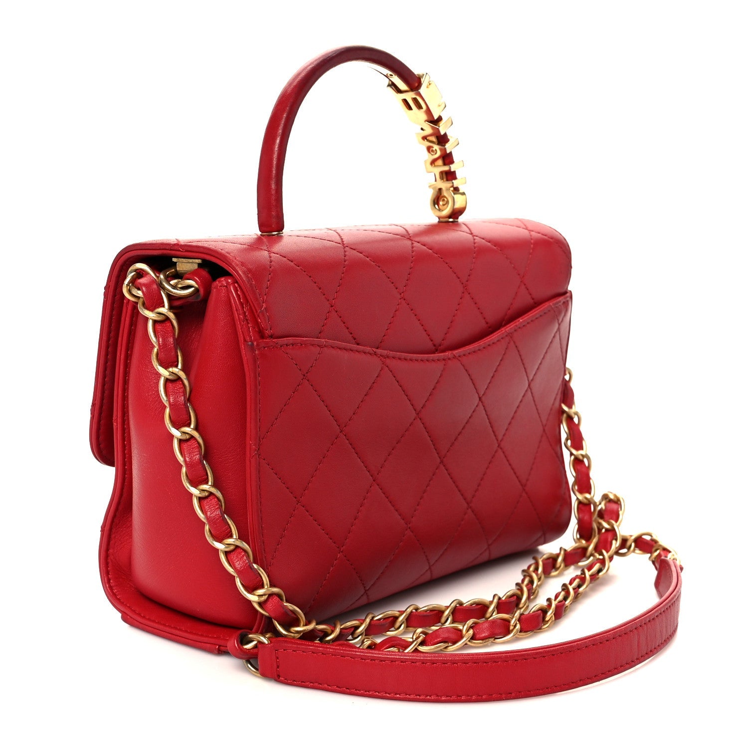 Chanel Lambskin Stitched Pearl Logo Top Handle Flap Red