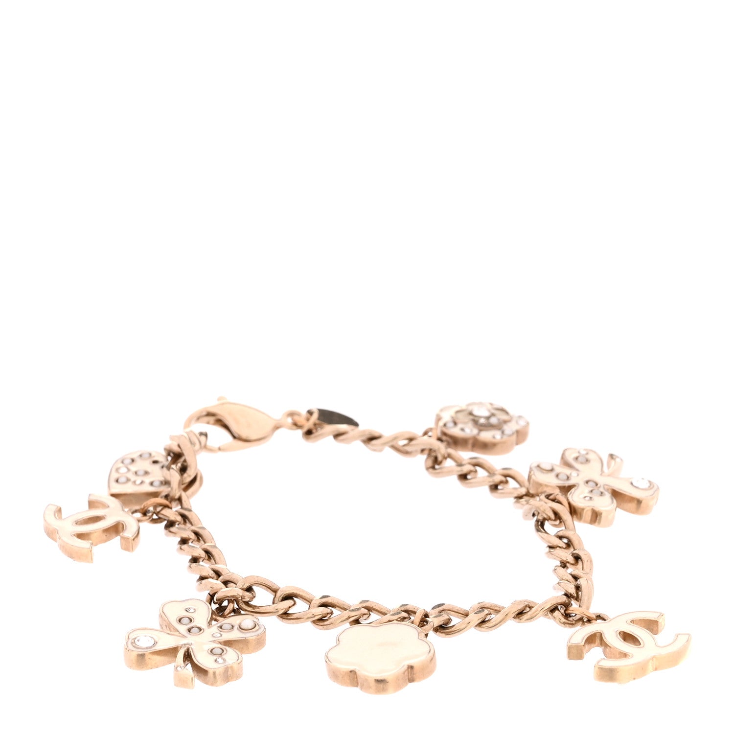 Enamel Crystal Pearl CC Lucky Charms Bracelet Gold White