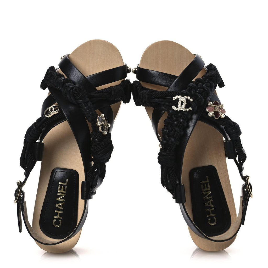 Calfskin Cord Pearl CC Sandals 38 Black