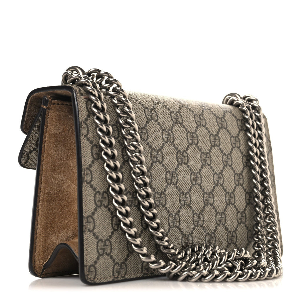 Gucci GG Supreme Monogram Suede Crystal Small Dionysus Shoulder Bag Beige Ebony Taupe