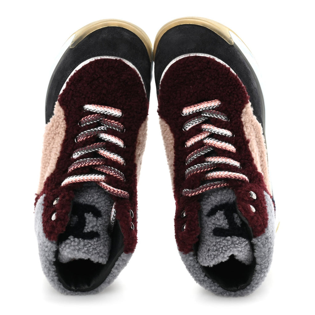 Chanel Shearling Lambskin Suede CC High Top Sneakers 36.5 Grey Pink Burgundy