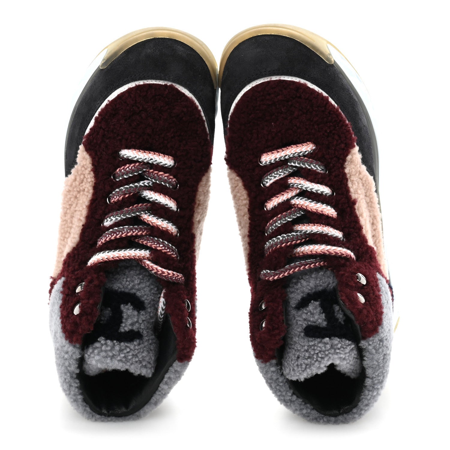 Chanel Shearling Lambskin Suede CC High Top Sneakers 36.5 Grey Pink Burgundy