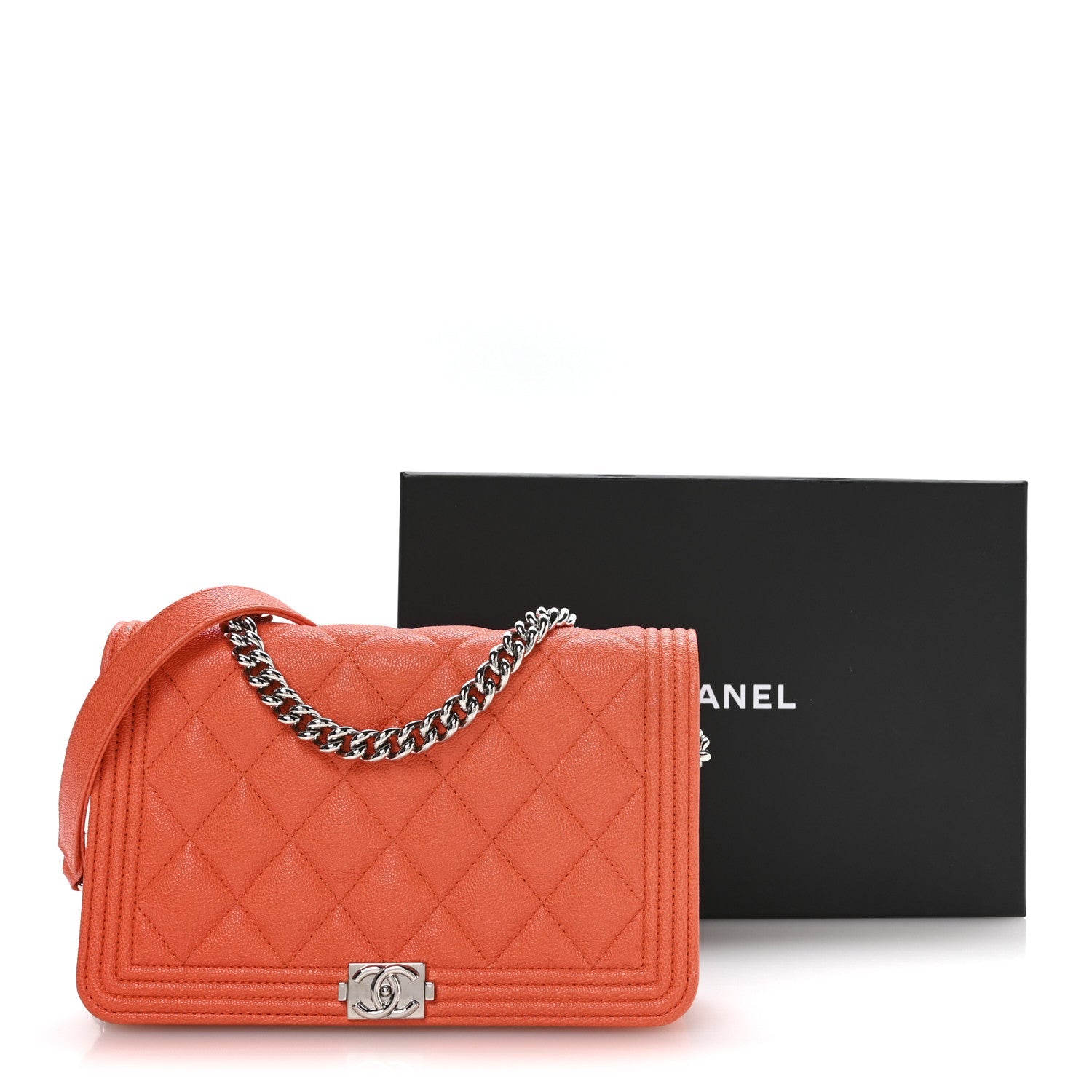 Chanel Caviar Quilted Boy Wallet On Chain WOC Orange