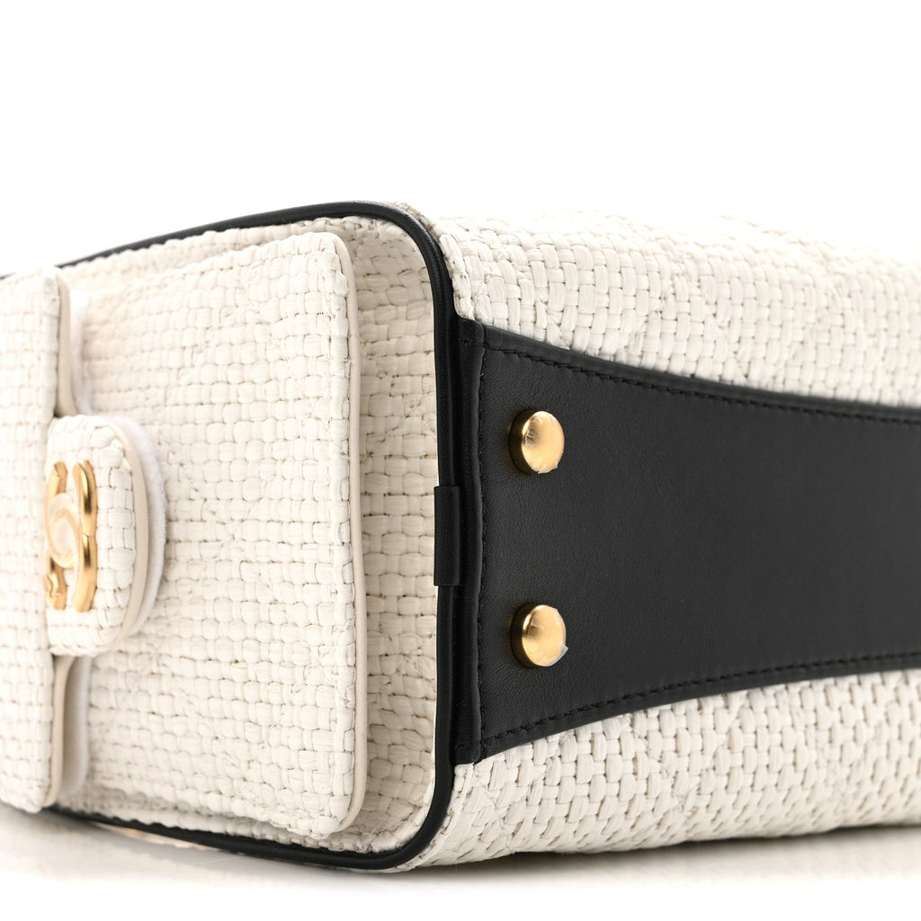 Chanel Braided Raffia Calfskin Mini Chanel 25 Handbag White Black