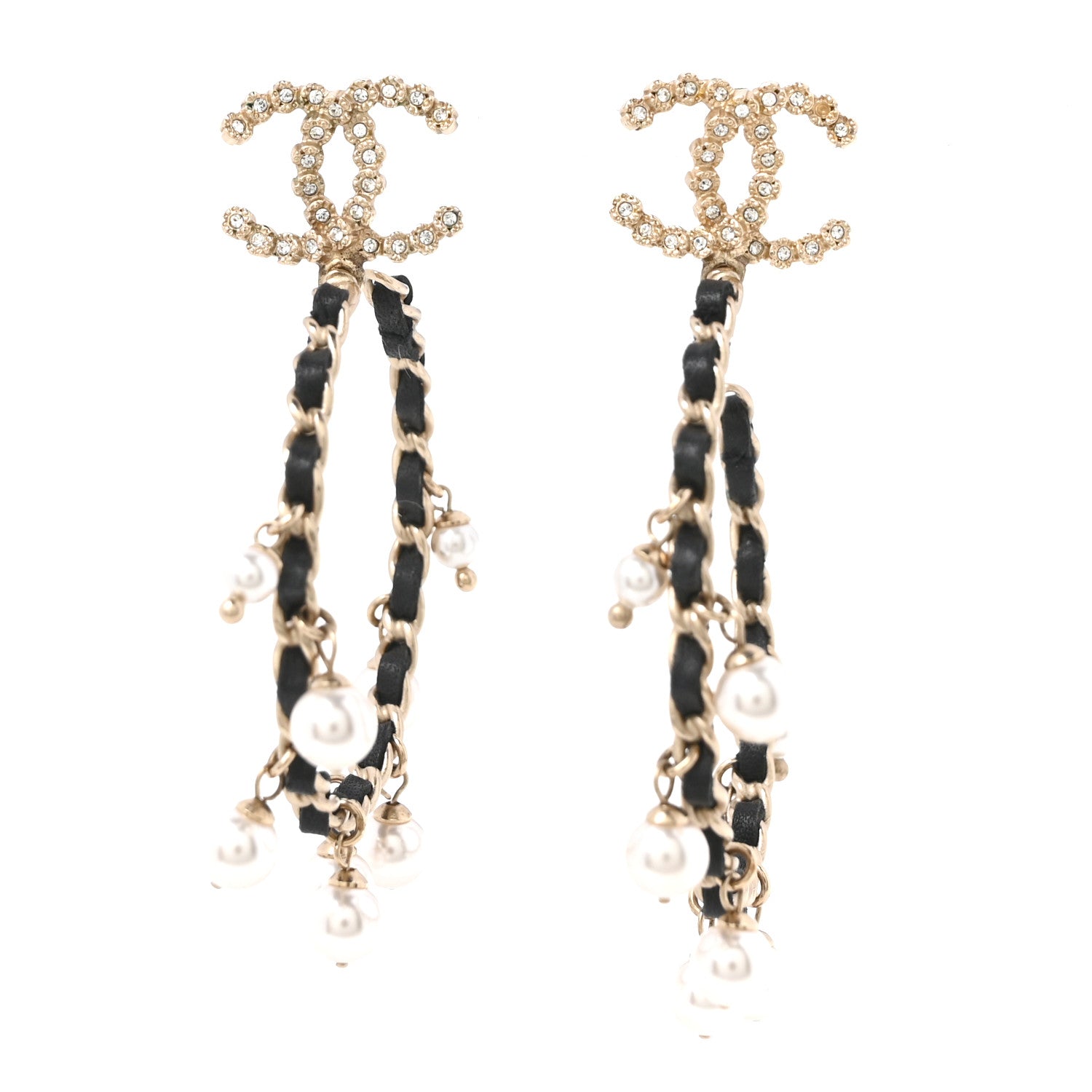Lambskin Pearl Crystal CC Chain Hoop Earrings Gold Black