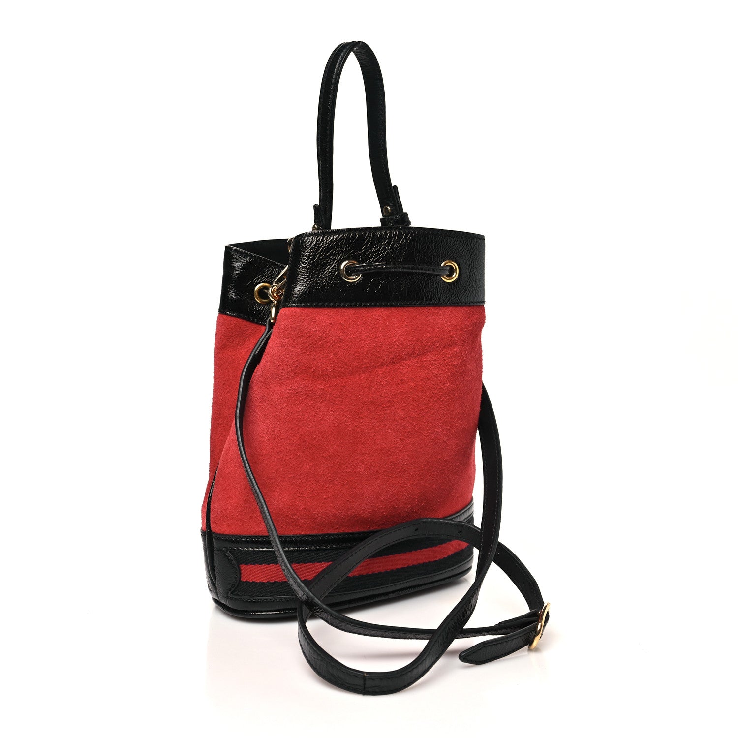Gucci Suede Patent Web Small Ophidia Bucket Bag Hibiscus Red Black