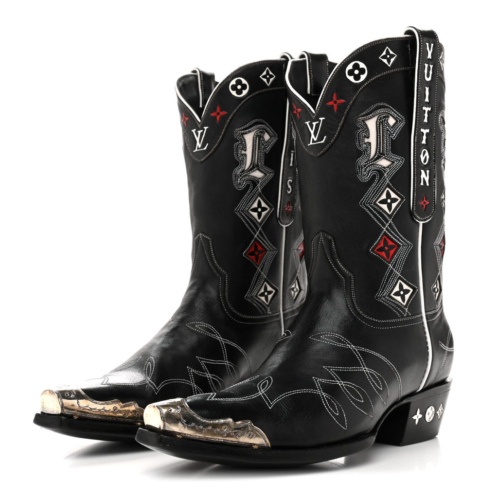 Louis Vuitton Calfskin LV Texan Mens Rider Boots 10.5 Black Silver