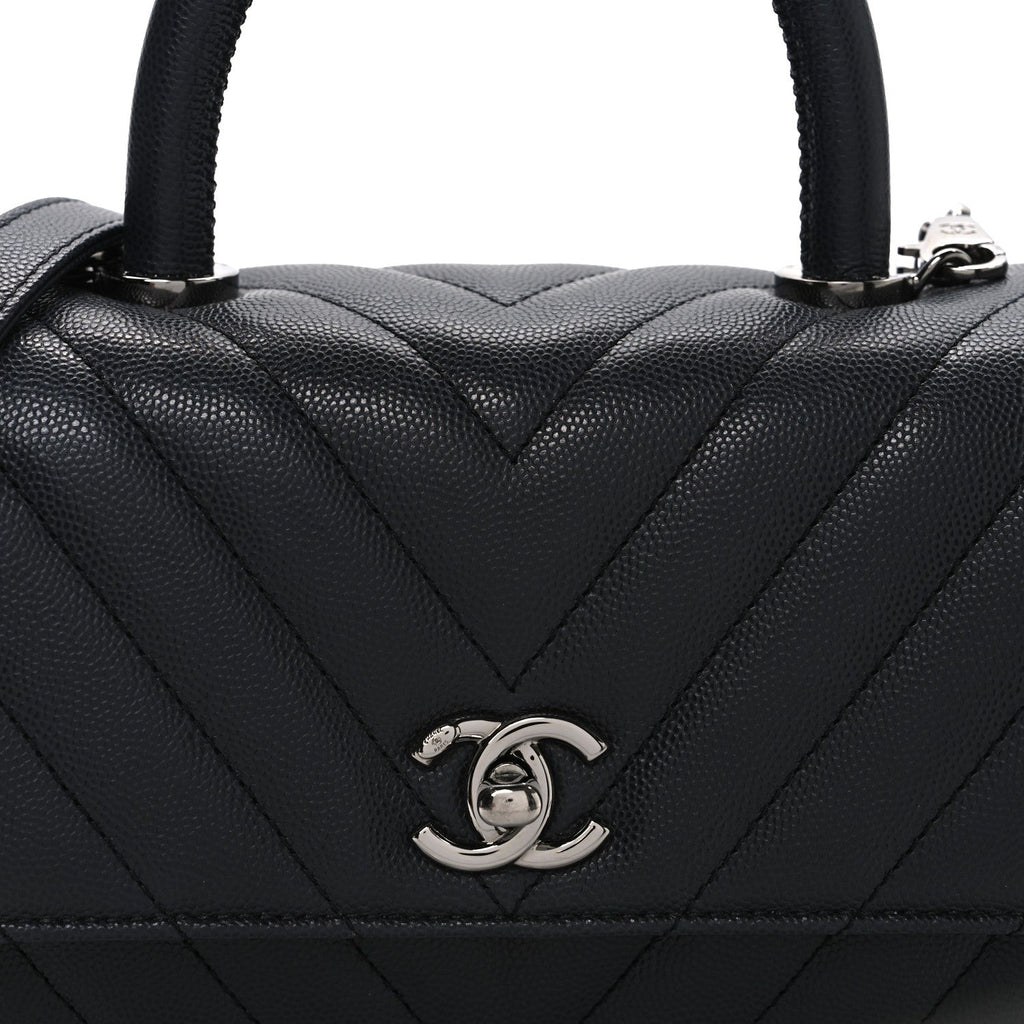 Chanel Caviar Chevron Quilted Mini Coco Handle Flap Dark Grey