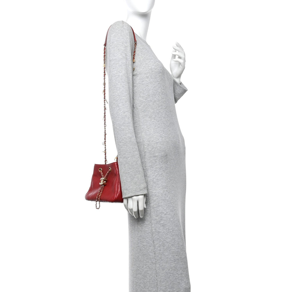Chanel Calfskin Stitched Small Egyptian Amulet Drawstring Bag Red
