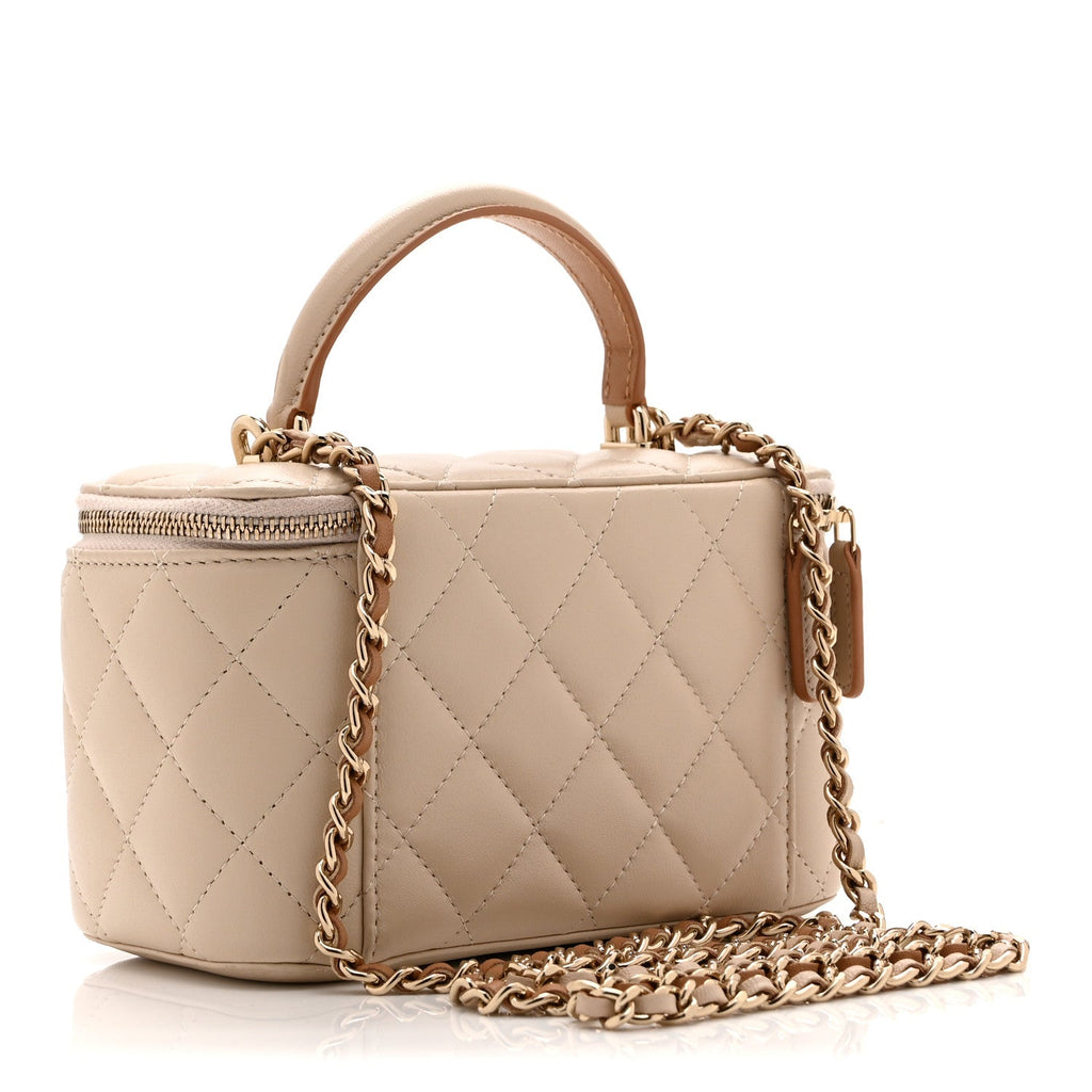 Chanel Lambskin Quilted Small Top Handle Vanity Case With Chain Beige
