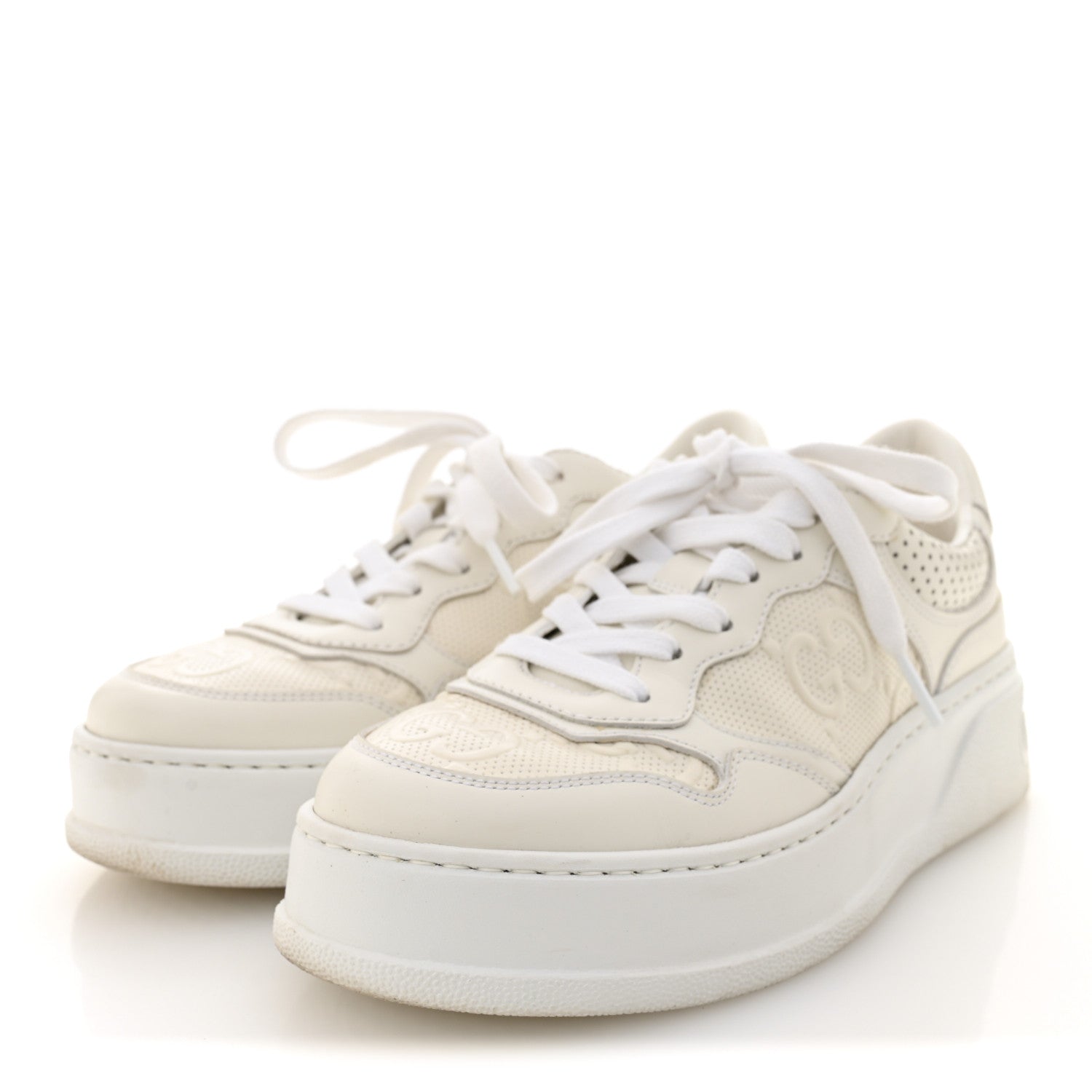 Gucci Calfskin GG Tennis Embossed Perforated Womens Platform 55mm Sneakers 37 Great White