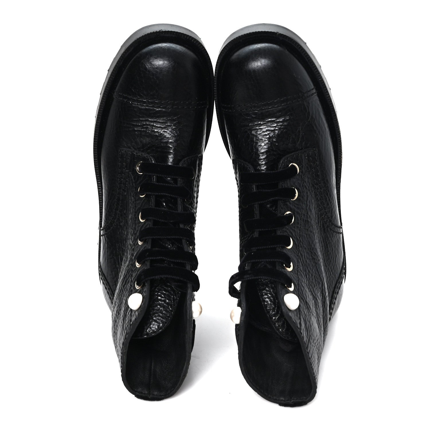 Chanel Shiny Calfskin Velvet Pearl Combat Short Boots 37.5 Black