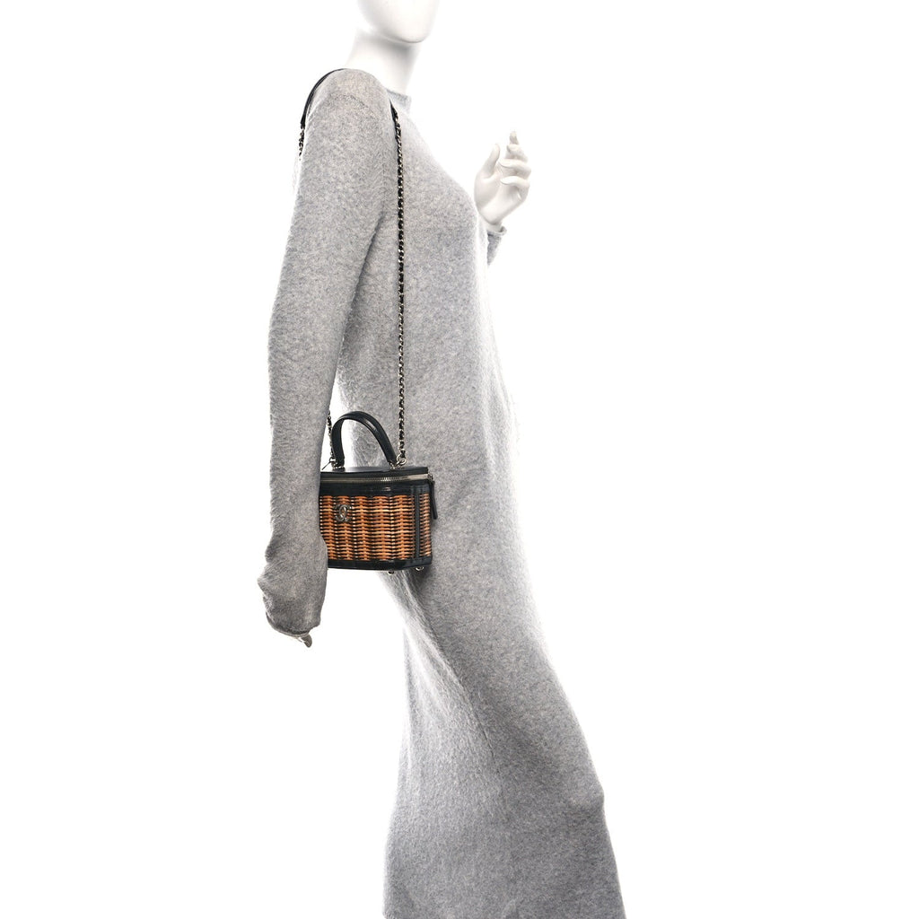 Chanel Calfskin Raffia Small Vanity Case Bag Black Beige