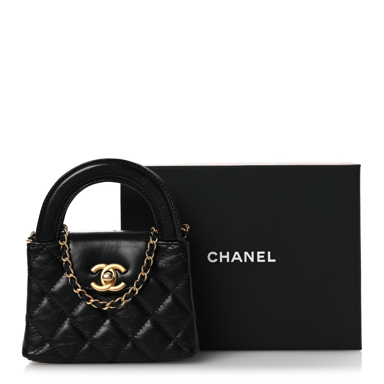 Chanel Shiny Aged Calfskin Quilted Mini Nano Kelly Shopper Black