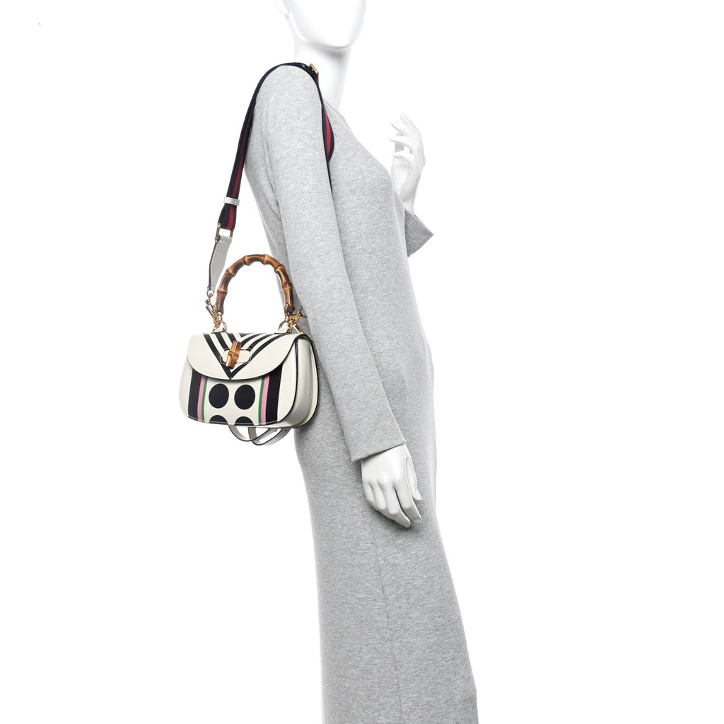 Gucci Calfskin Web Geometric Print Small Bamboo 1947 Top Handle Bag White Multi