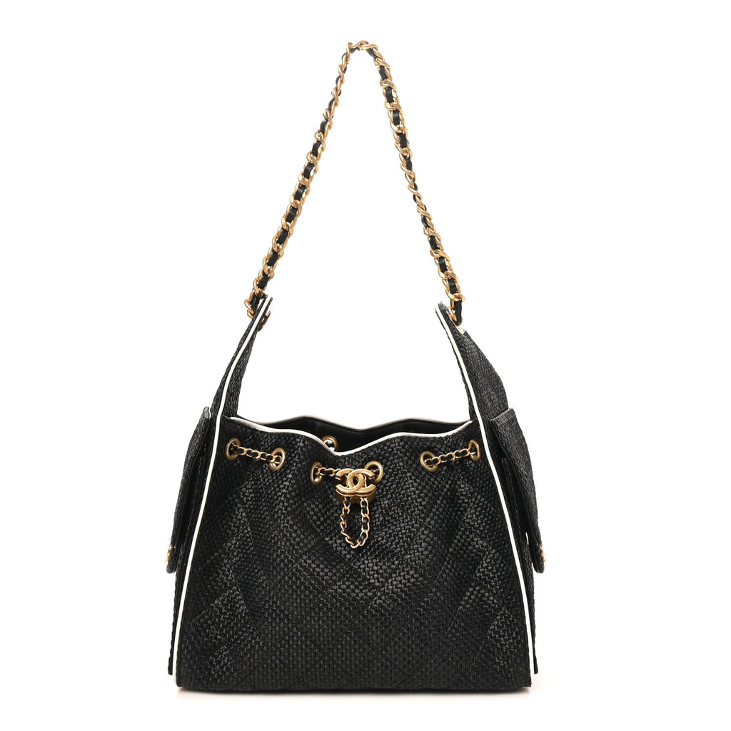 Chanel Braided Raffia Calfskin Quilted Small Chanel 25 Handbag Black White