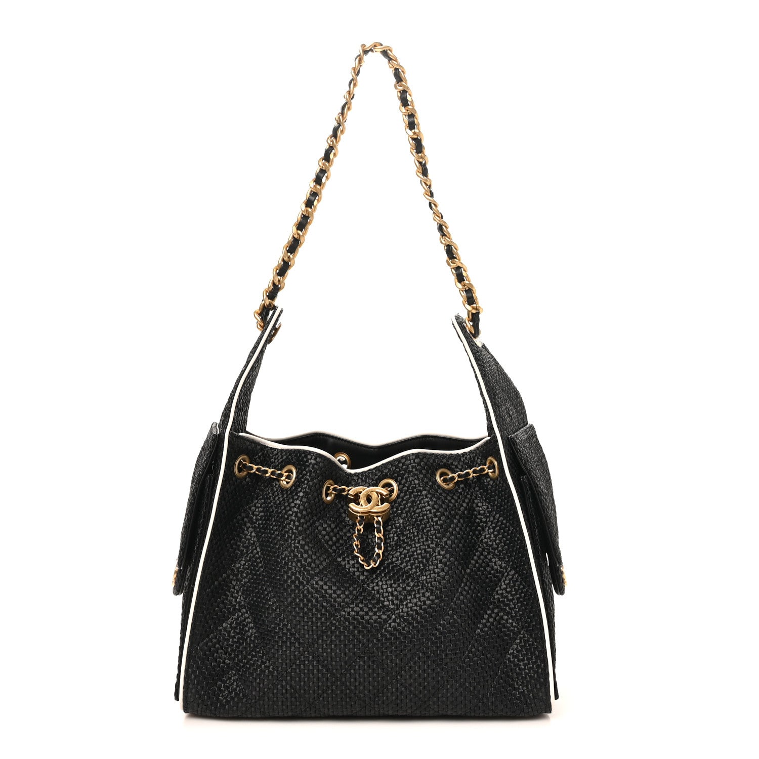 Chanel Braided Raffia Calfskin Quilted Small Chanel 25 Handbag Black White