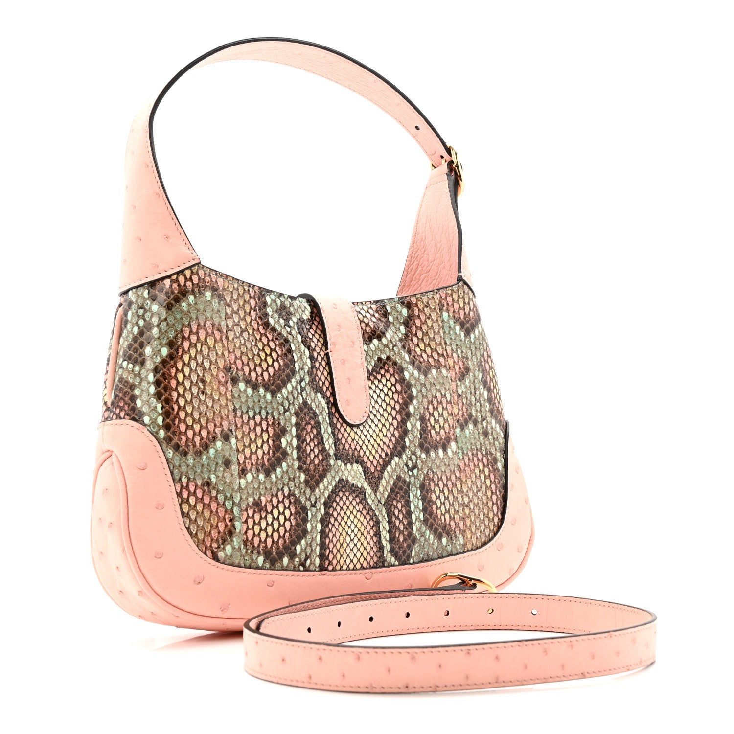 Gucci Snakeskin Ostrich Calfskin Small Jackie 1961 Hobo Pink Multicolor