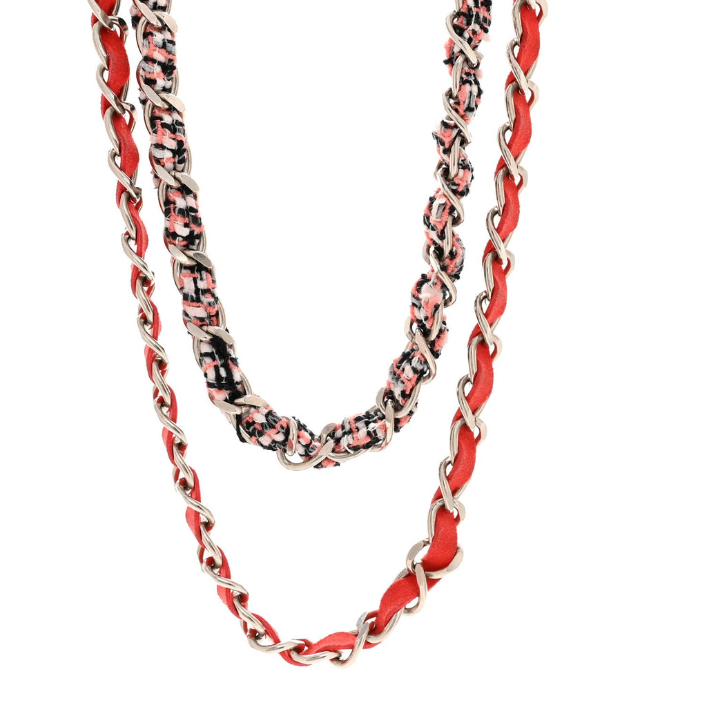 Metal Tweed Suede Chain CC Clover Necklace Silver Pink