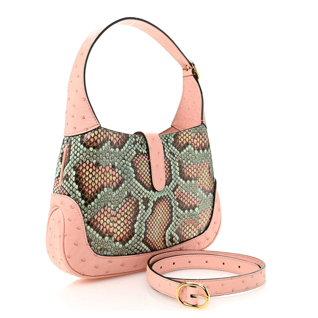 Gucci Snakeskin Ostrich Calfskin Small Jackie 1961 Hobo Pink Multicolor