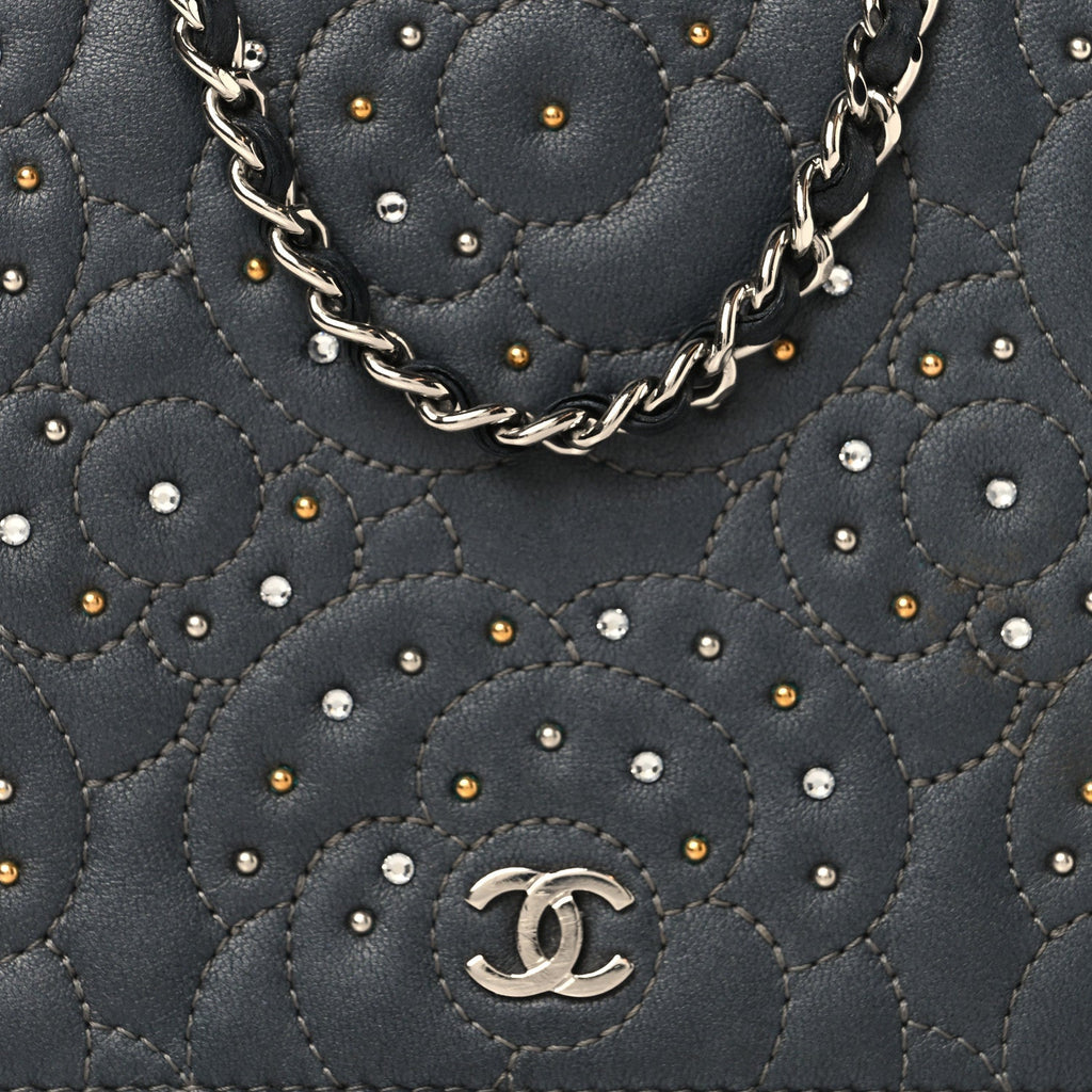Chanel Lambskin Camellia Studded Wallet on Chain WOC Grey