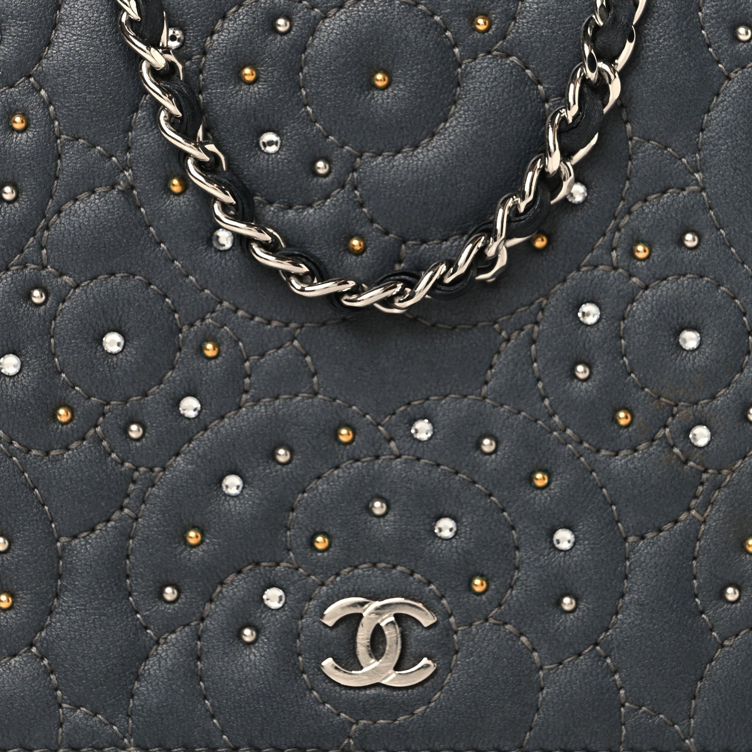Chanel Lambskin Camellia Studded Wallet on Chain WOC Grey