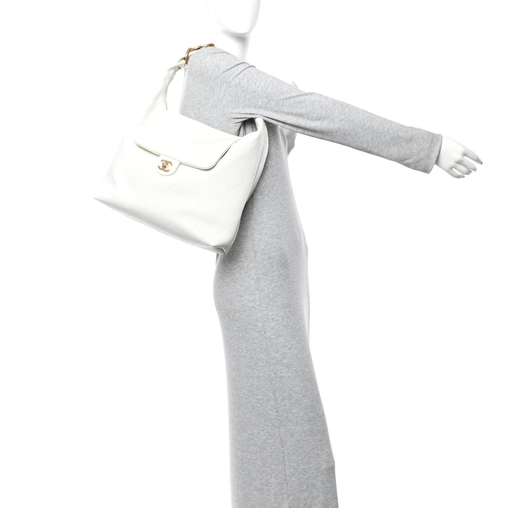Chanel Calfskin Quilted Small Maxi Chain Hobo White