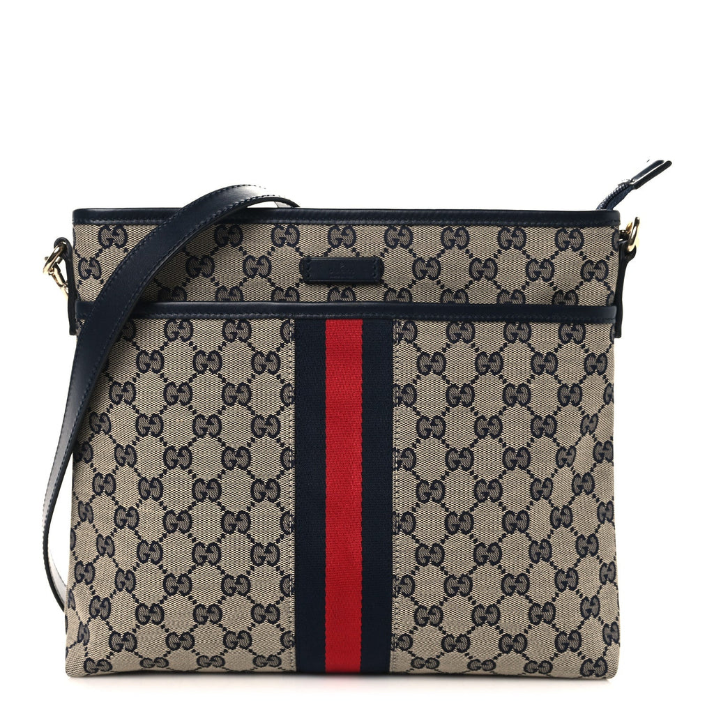 Gucci GG Supreme Monogram Web Flat Messenger Bag Navy
