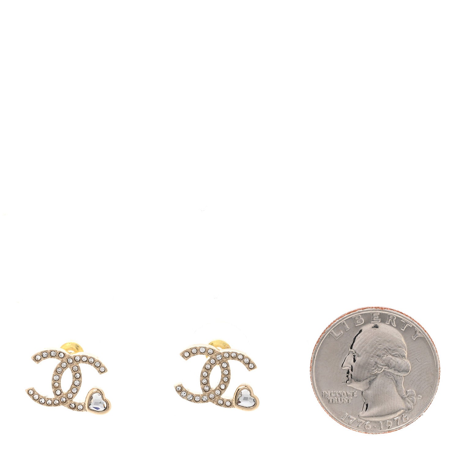 Metal Crystal CC Heart Earrings Light Gold