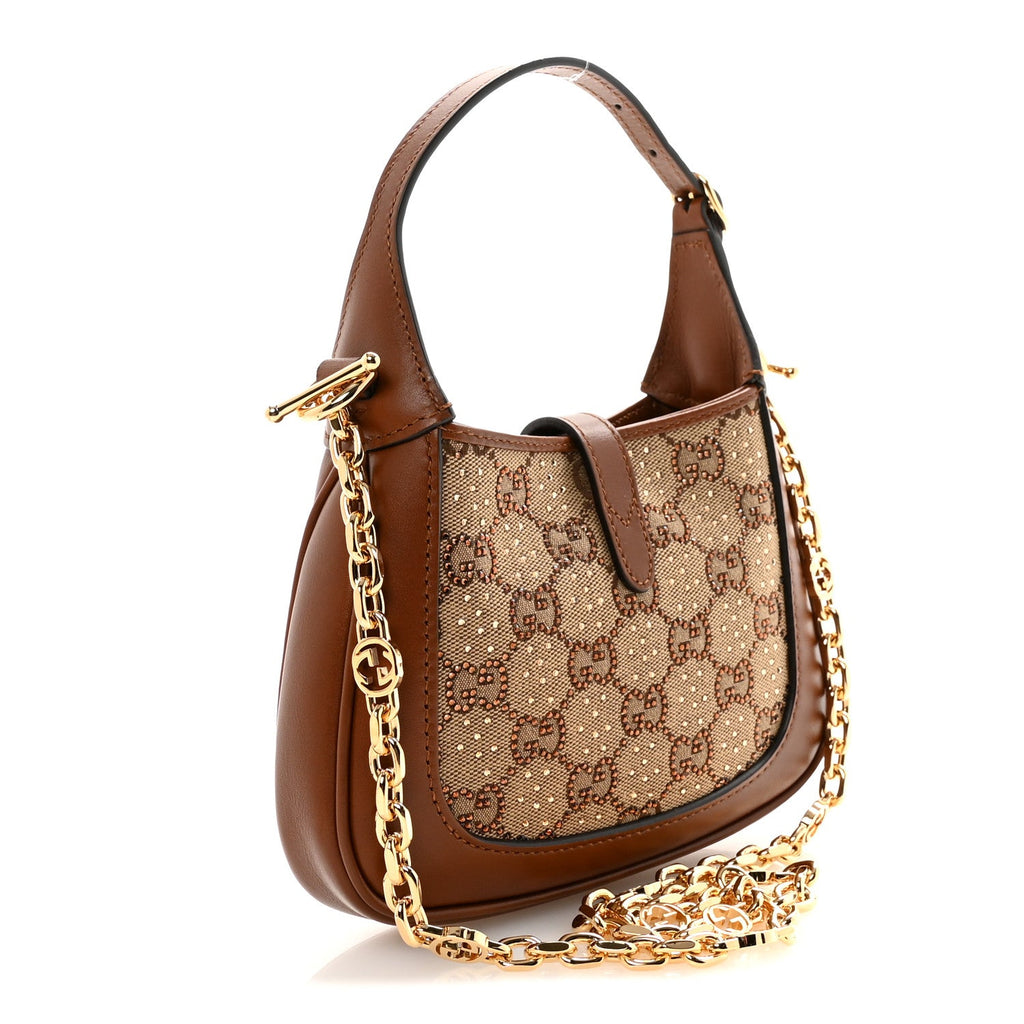 Gucci New Canvas Charisma Calfskin Crystal GG Monogram Mini Jackie 1961 Hobo Camel Ebony