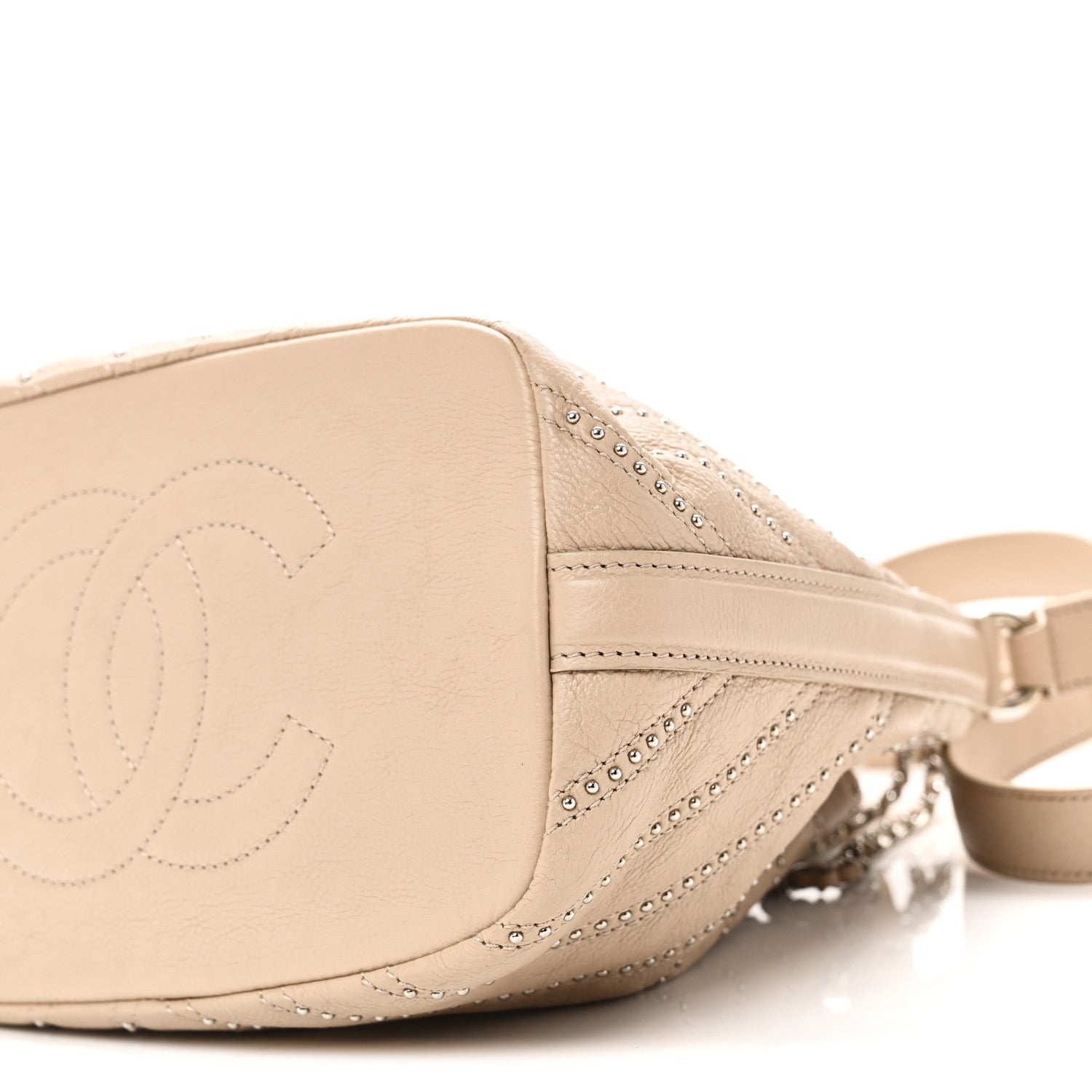 Chanel Calfskin Studded Chevron Quilted Small Stud Wars Drawstring Bag Beige
