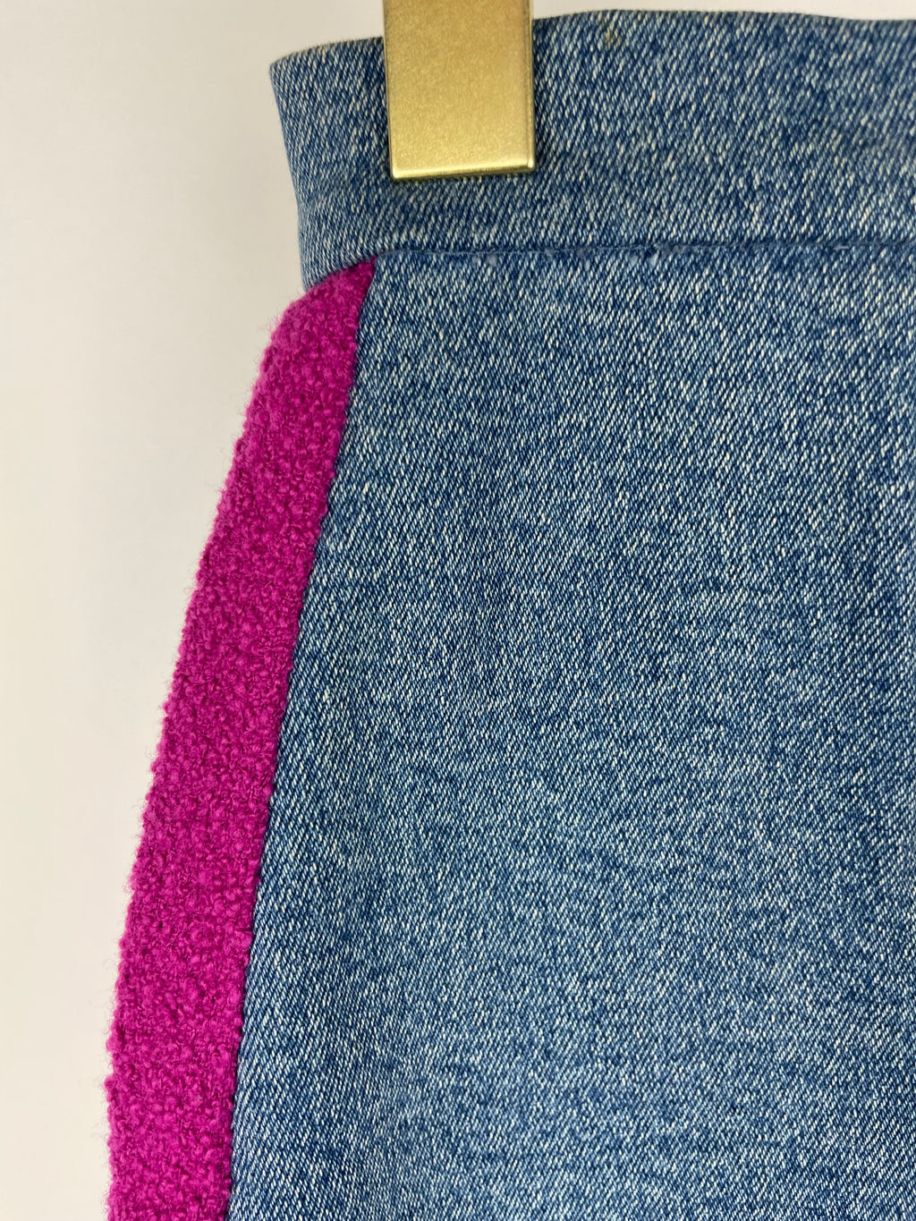 Chanel Fuchsia Pink Tweed Longline Blazer and Mini Skirt Set with Denim Trim & Gold Logo Button Detail Size FR 40 (UK 12)