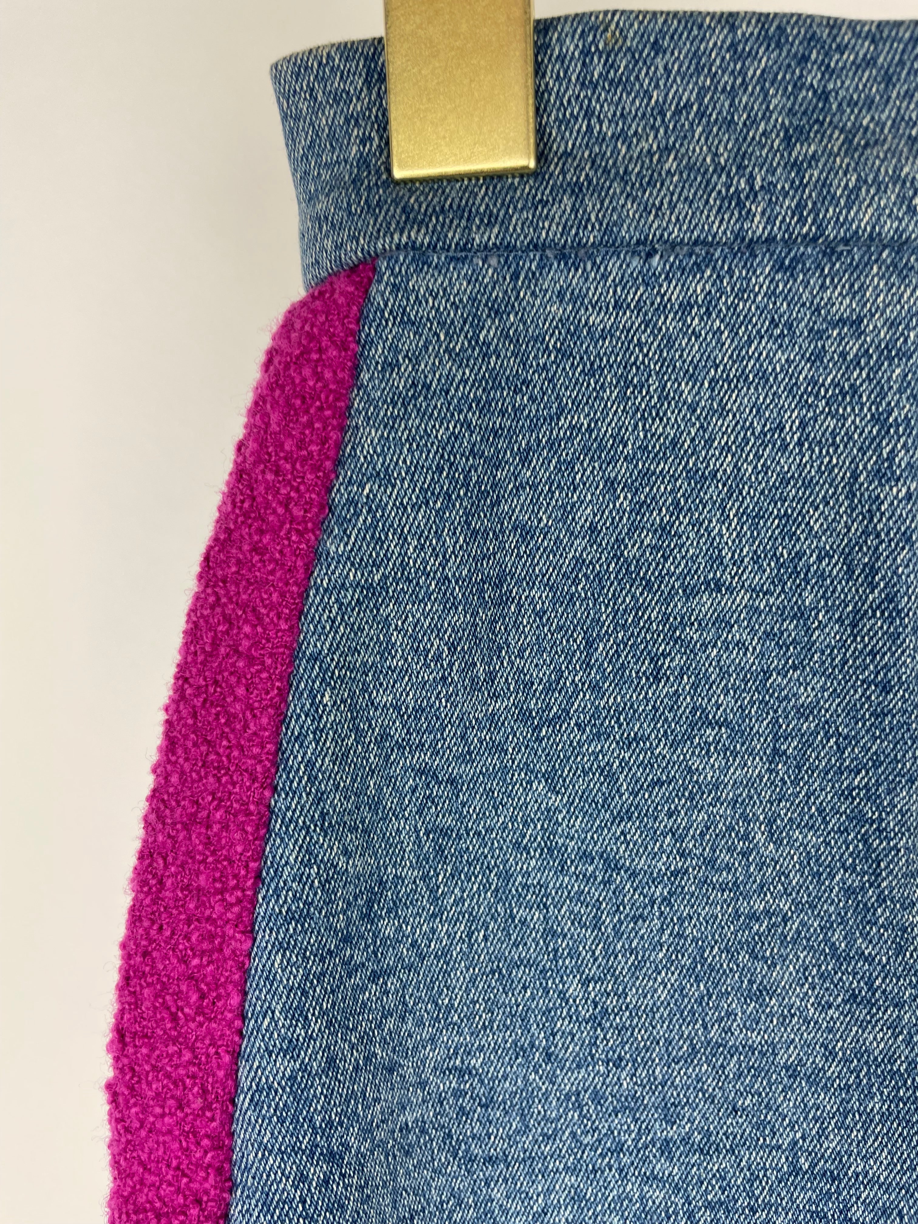 Chanel Fuchsia Pink Tweed Longline Blazer and Mini Skirt Set with Denim Trim & Gold Logo Button Detail Size FR 40 (UK 12)