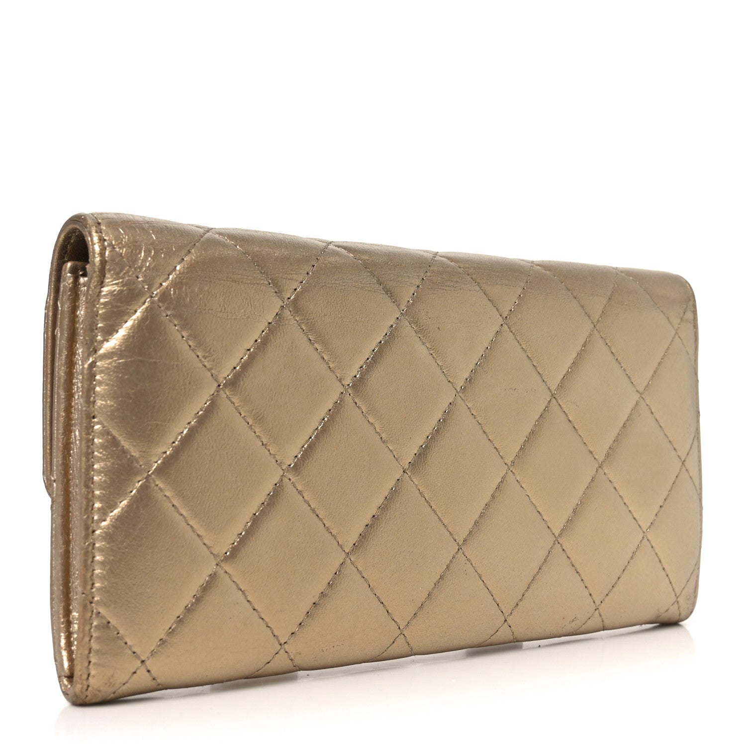 Metallic Lambskin Quilted Large Gusset Flap Wallet Gold