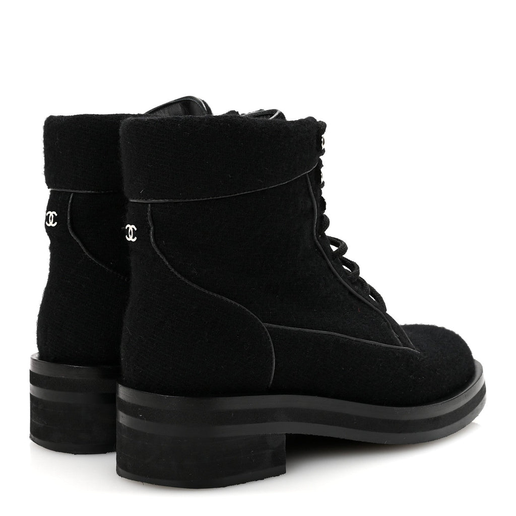 Chanel Tweed Lace Up Short Boots 37 Black