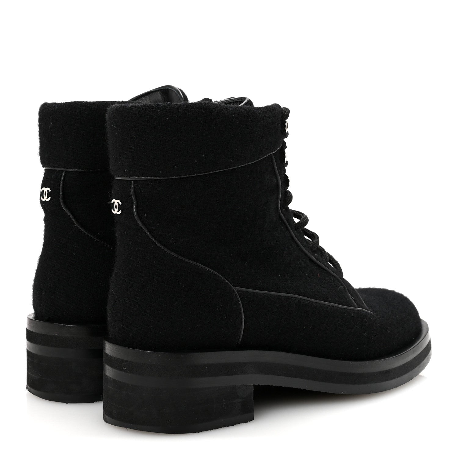 Chanel Tweed Lace Up Short Boots 37 Black