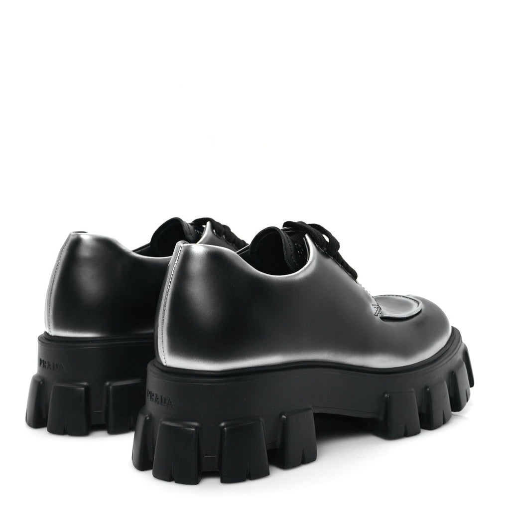 Prada Spazzolato Rois Sfumato Monolith 55mm Derby Loafers 5.5 Black Argento