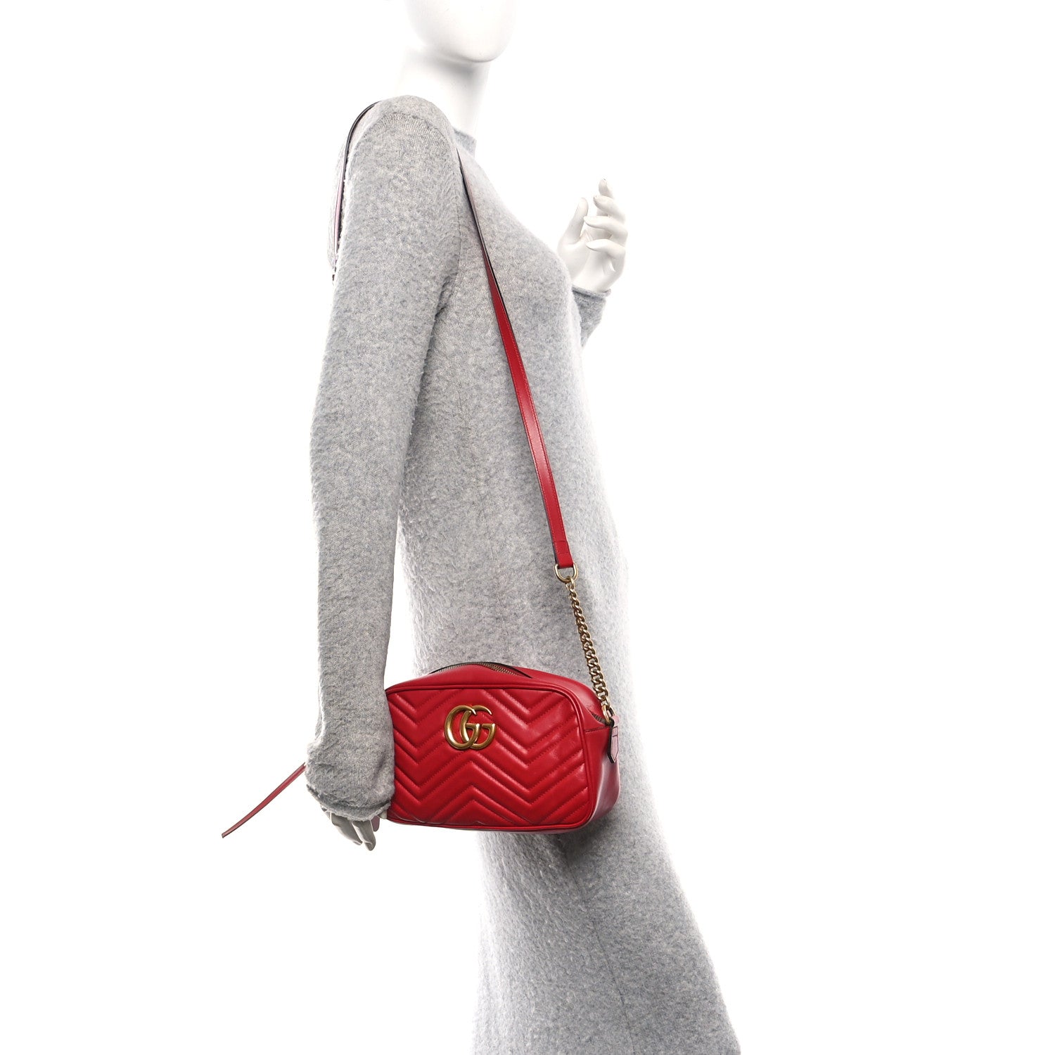Gucci Calfskin Matelasse Small GG Marmont Chain Shoulder Bag Hibiscus Red