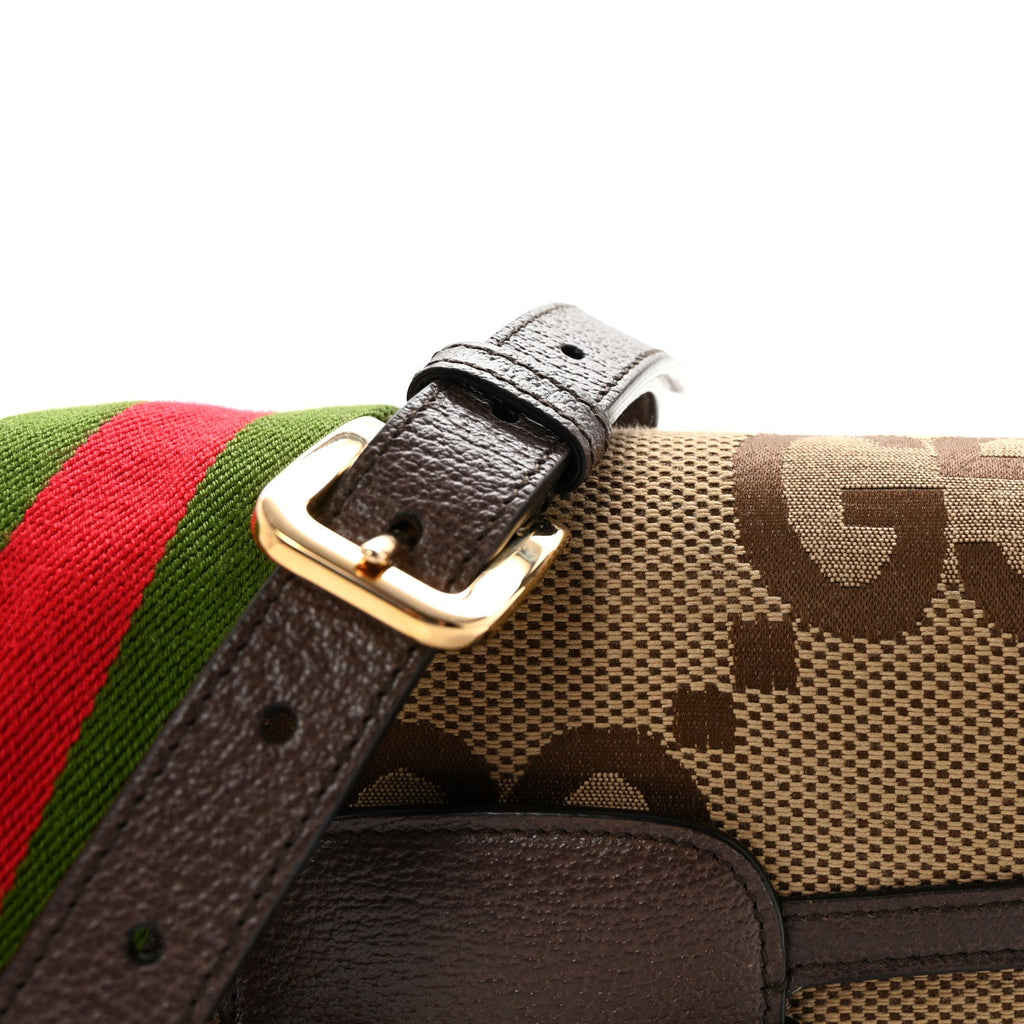 Gucci Monogram Jumbo GG Textured Dollar Calfskin Web Mini Horsebit 1955 Shoulder Bag Camel Ebony New Acero