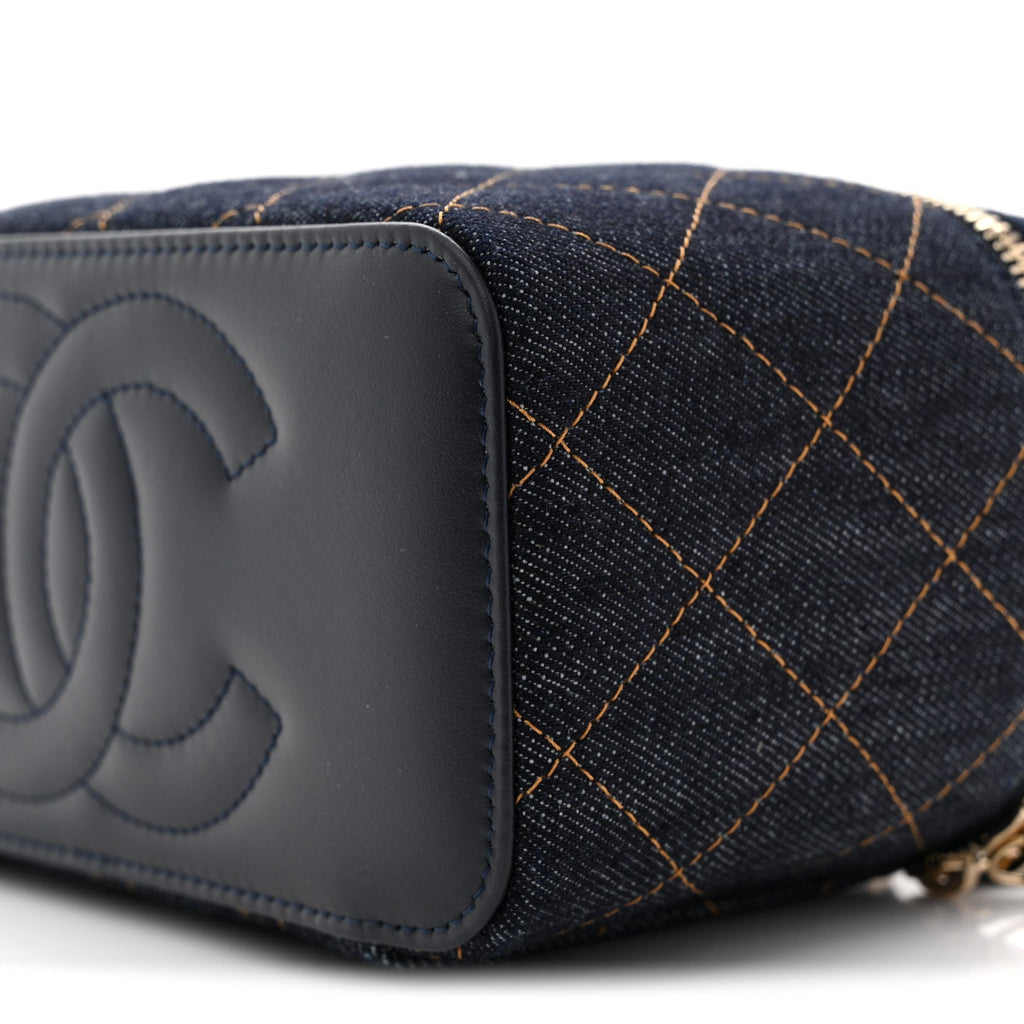 Chanel Denim Quilted Vanity Case With Chain Dark Blue