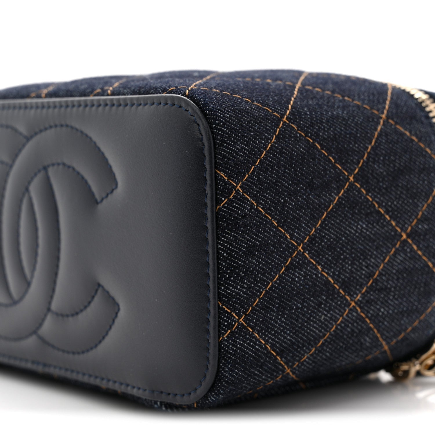 Chanel Denim Quilted Vanity Case With Chain Dark Blue