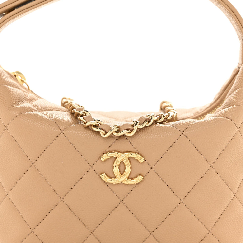 Chanel Shiny Caviar My Cush Hobo Clutch With Chain Beige