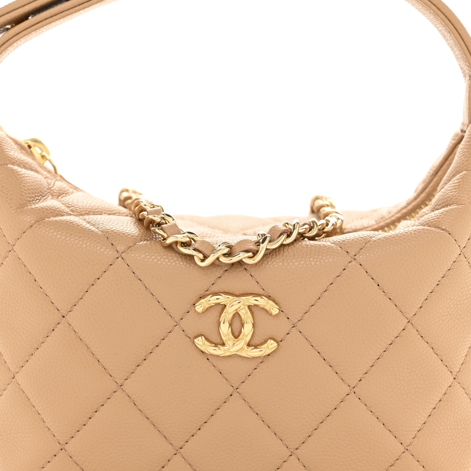 Chanel Shiny Caviar My Cush Hobo Clutch With Chain Beige