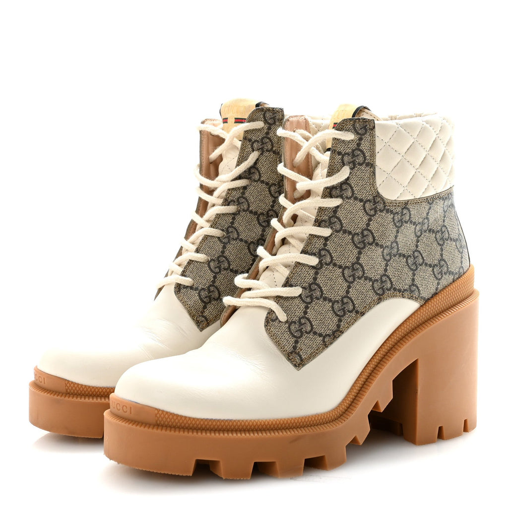 Gucci Apollo Calfskin GG Supreme Nappa Samoa Quilted Lace Up Ankle Boots 40 Mystic White Beige Ebony