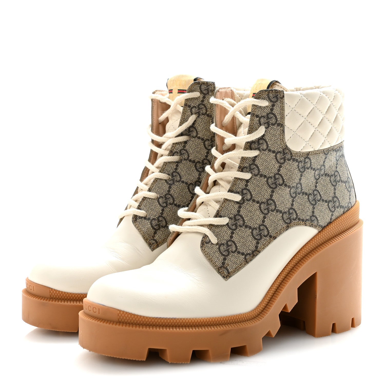 Gucci Apollo Calfskin GG Supreme Nappa Samoa Quilted Lace Up Ankle Boots 40 Mystic White Beige Ebony