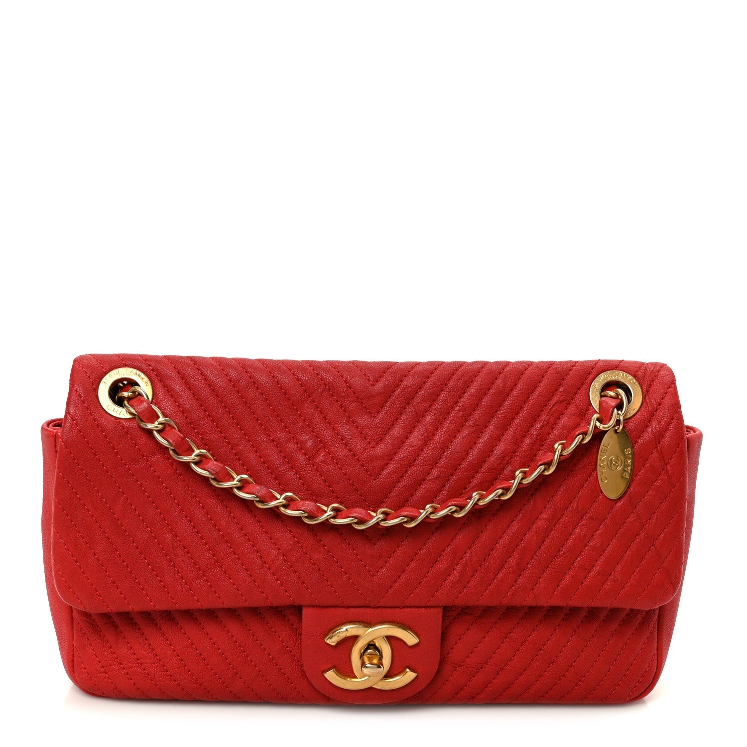 Chanel Wrinkled Lambskin Chevron Quilted Medium Flap Red