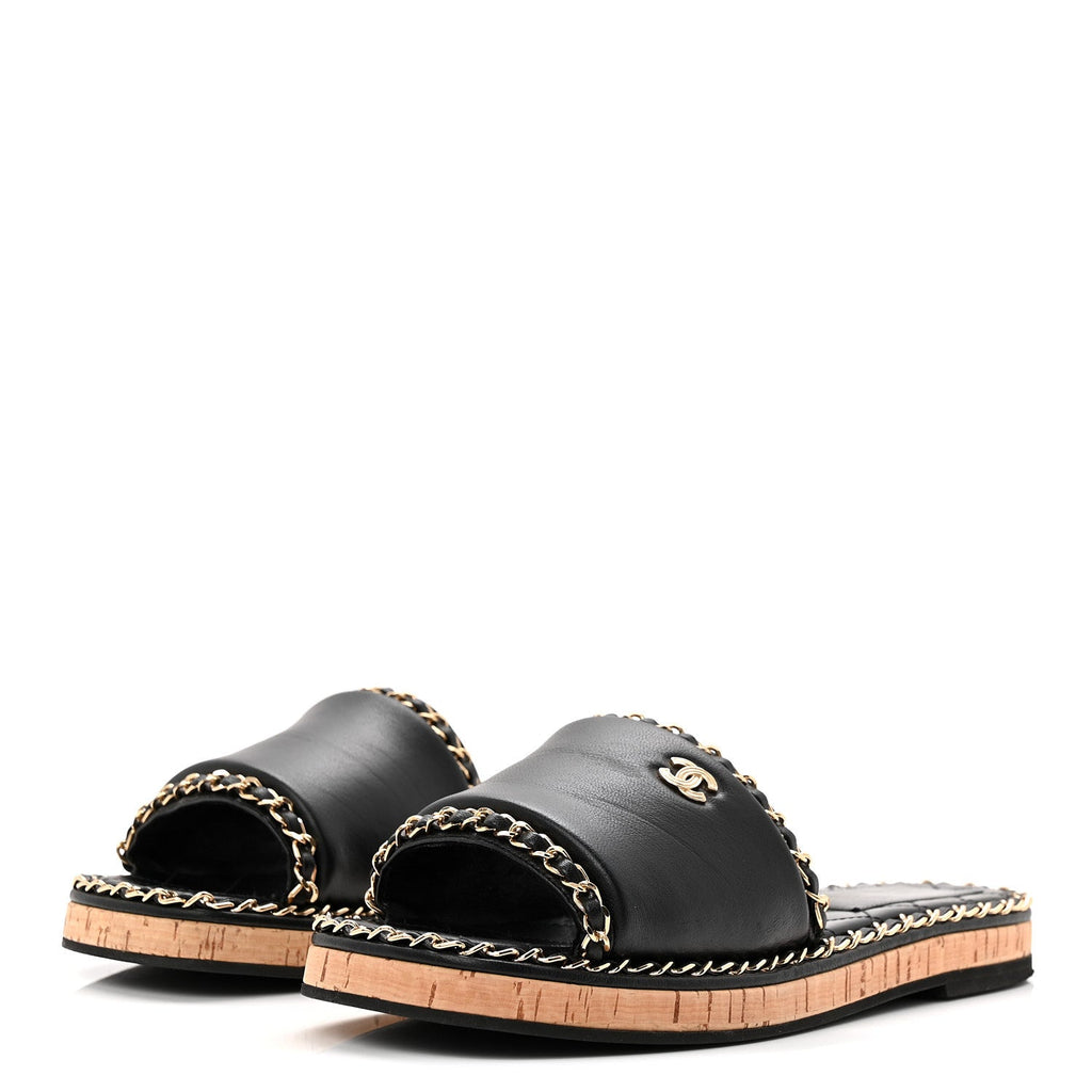 Lambskin Chain Cork Slide Sandals 38 Black