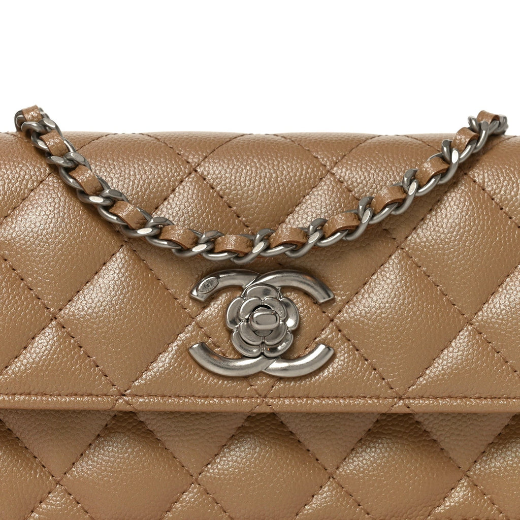 Chanel Iridescent Caviar Quilted Camellia Phone Holder With Chain Beige