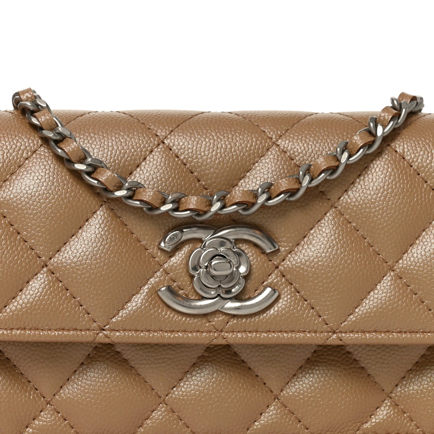 Chanel Iridescent Caviar Quilted Camellia Phone Holder With Chain Beige