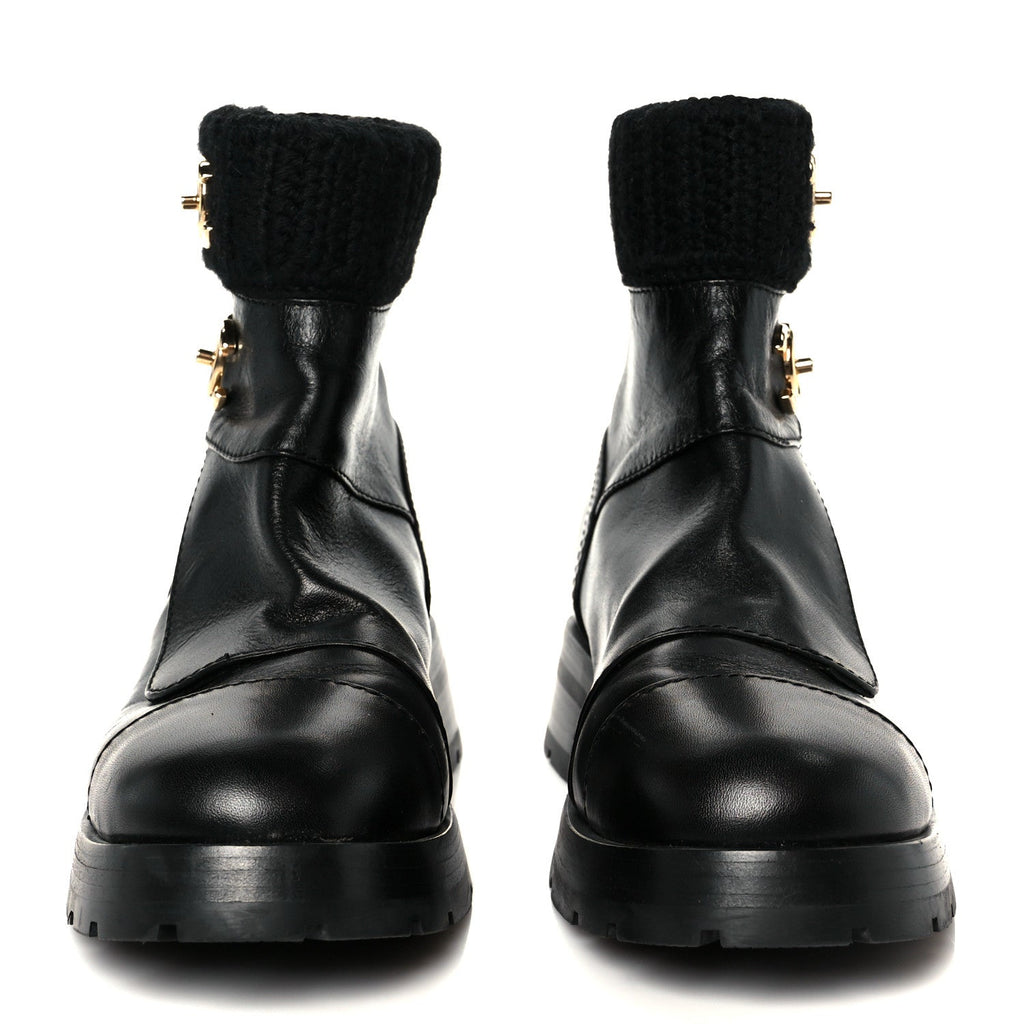 Calfskin Knit CC Short Boots 38 Black